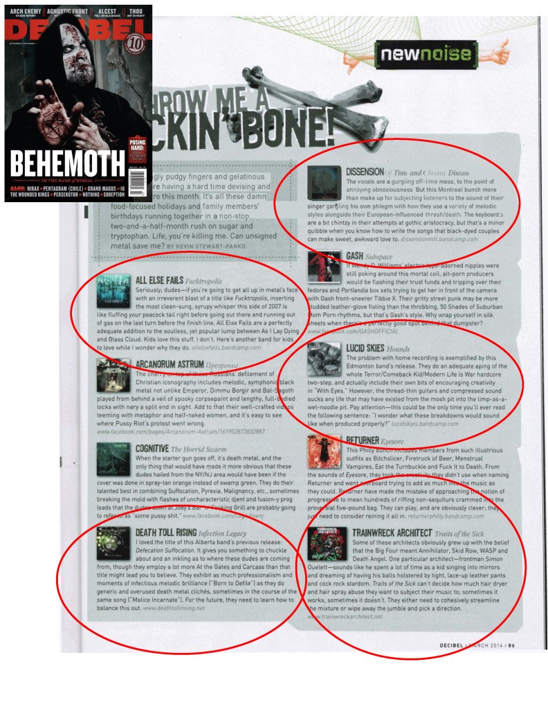 March 2014 - Decibel Mag - All Else Fails, Death Toll Rising, Dissension, Trainweck Architect, Lucid Skies