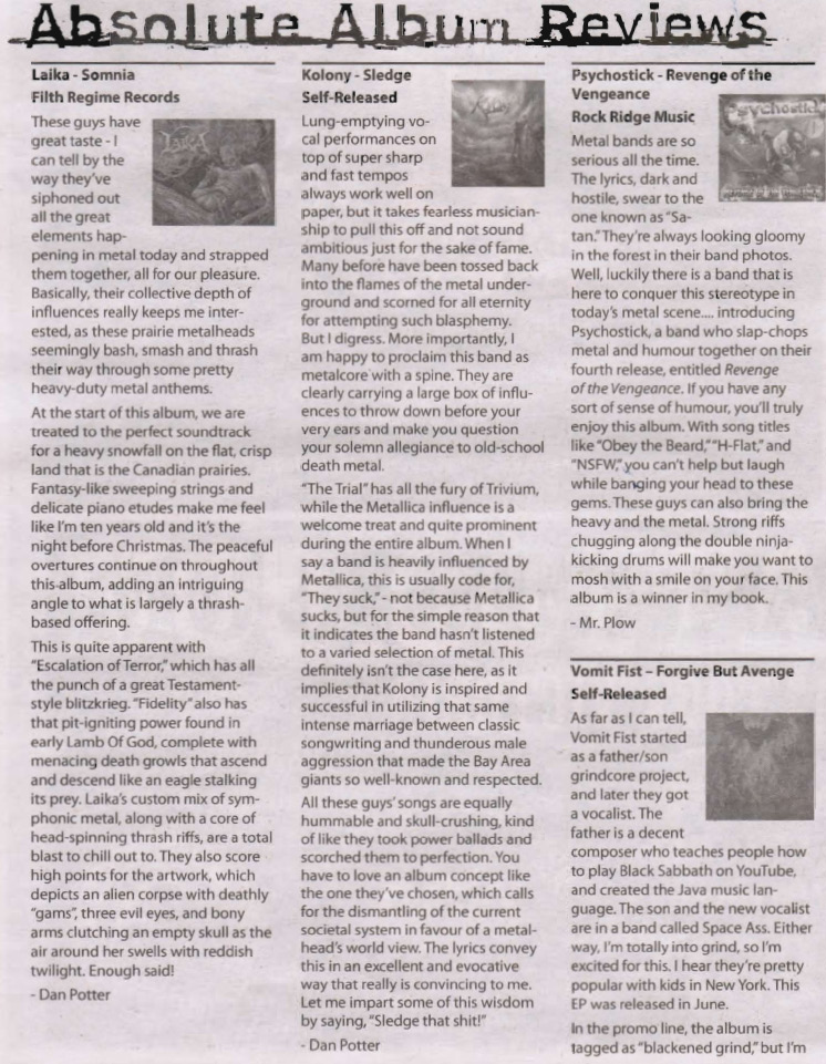 Dec 2014 - Jan 2015 Issue #61 - Absolute Underground Mag review - Kolony, Laika, Psychostick