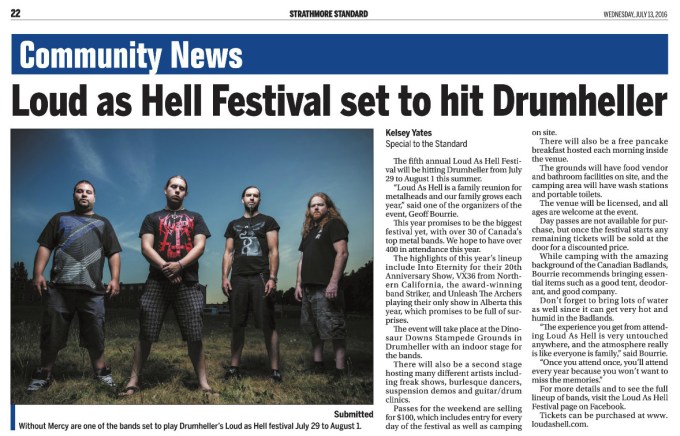 July 13 2016 - Strathmore Times - Loud As Hell Festival Set To Hit Drumheller